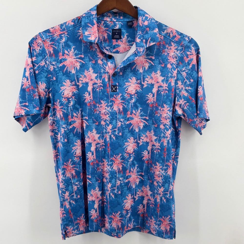 CON.STRUCT Mens Performance Polo Shirt M Blue Pink Palm Tree Quick Dry Golf‎ Top